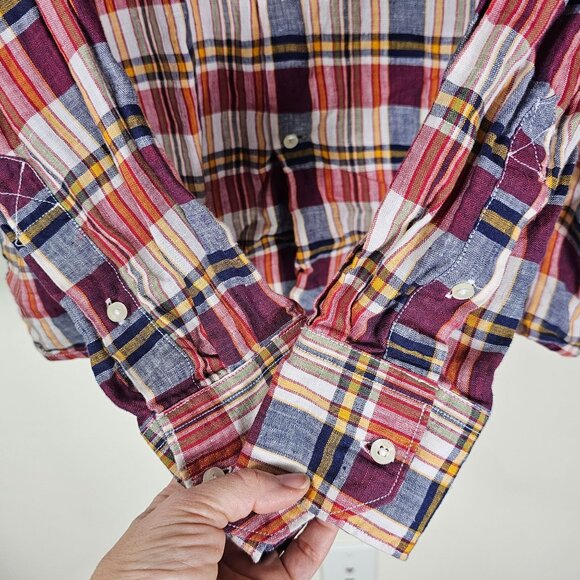 Barbour Tailored Fit Linen Shirt XL Red Plaid Preppy Coastal Lightweight Resort - Picture 3 of 11